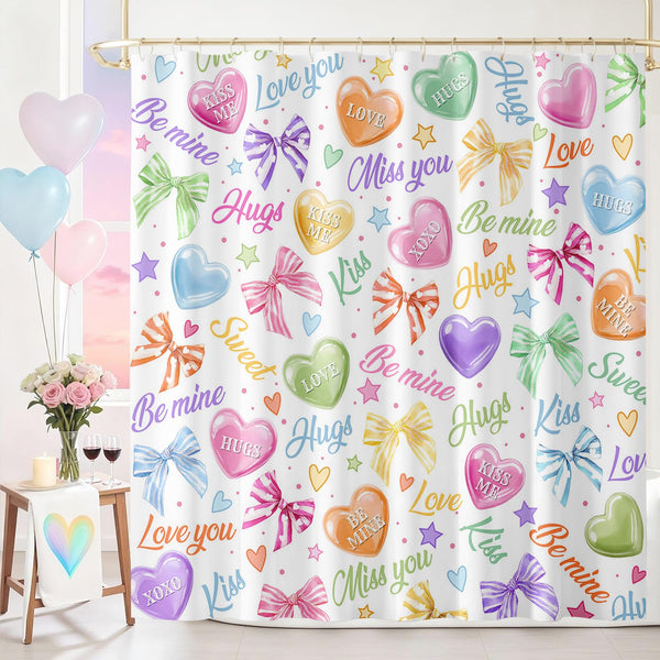 70.8" Valentines Shower Curtain Sweet Heart Valentines Shower Curtain Set for Bathroom Romantic Love Candy