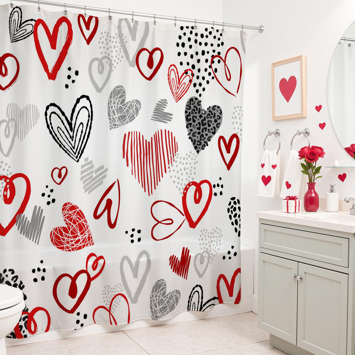 70.8"x70.8" Valentines Shower Curtain Valentines Red Heart Shower for Bathroom Valentine Bathroom Decor
