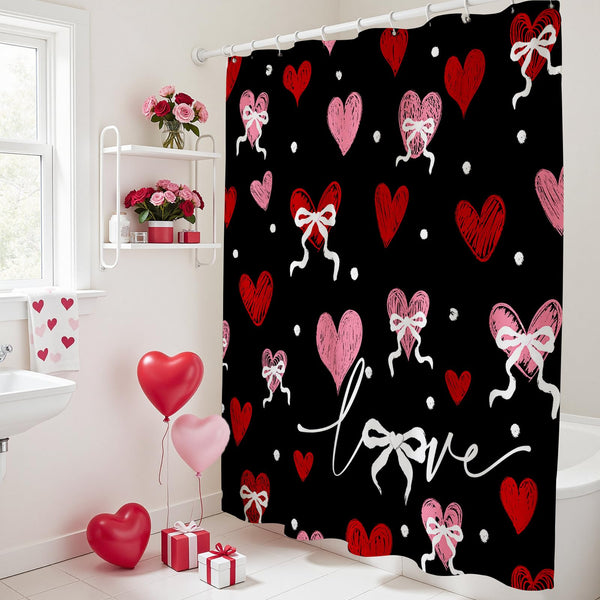 70.8" Valentines Shower Curtain Black Vintage Heart Watercolor Bathroom Decor Retro Valentine Shower Curtain