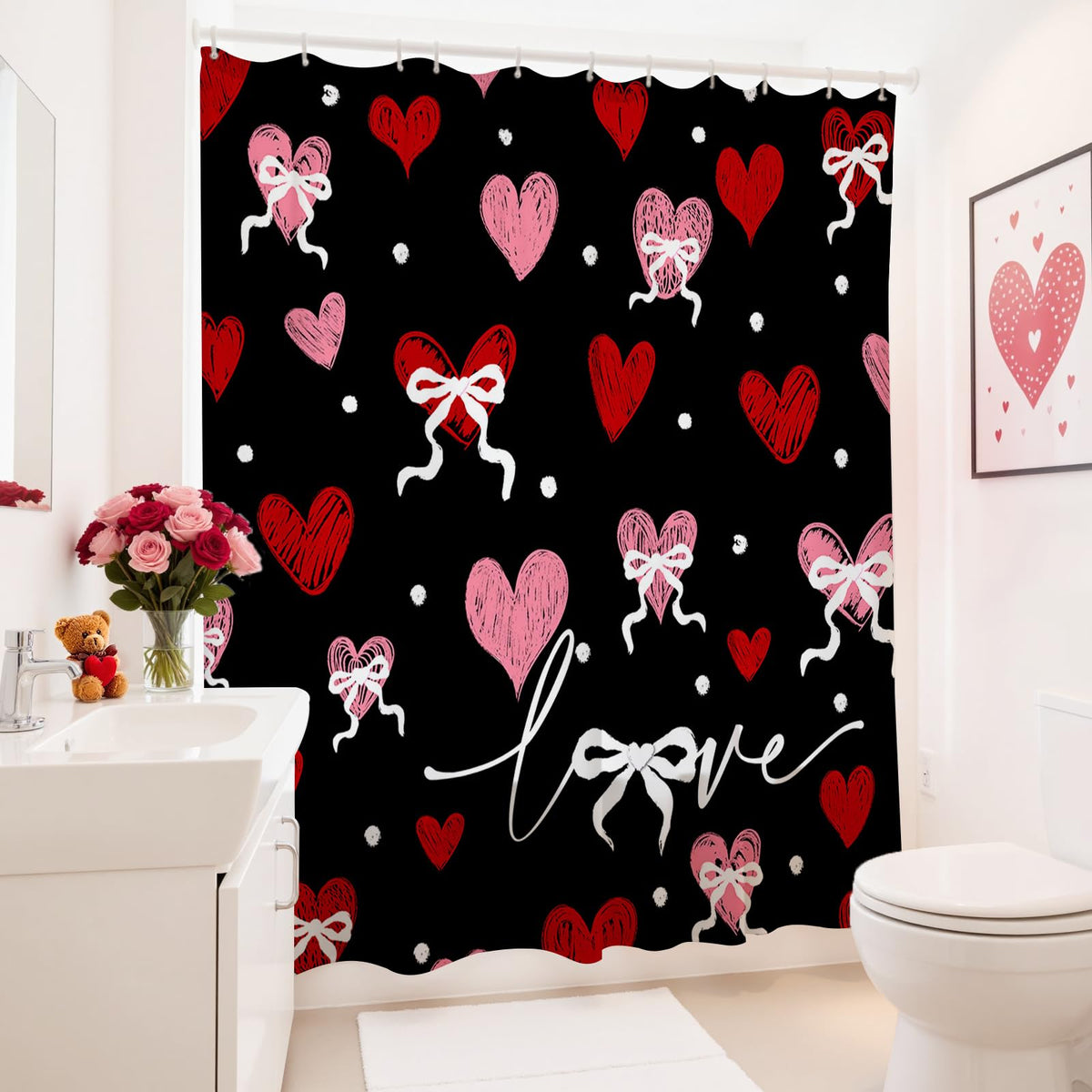 70.8" Valentines Shower Curtain Black Vintage Heart Watercolor Bathroom Decor Retro Valentine Shower Curtain