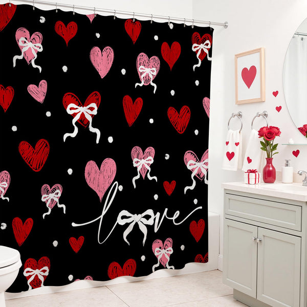 70.8" Valentines Shower Curtain Black Vintage Heart Watercolor Bathroom Decor Retro Valentine Shower Curtain