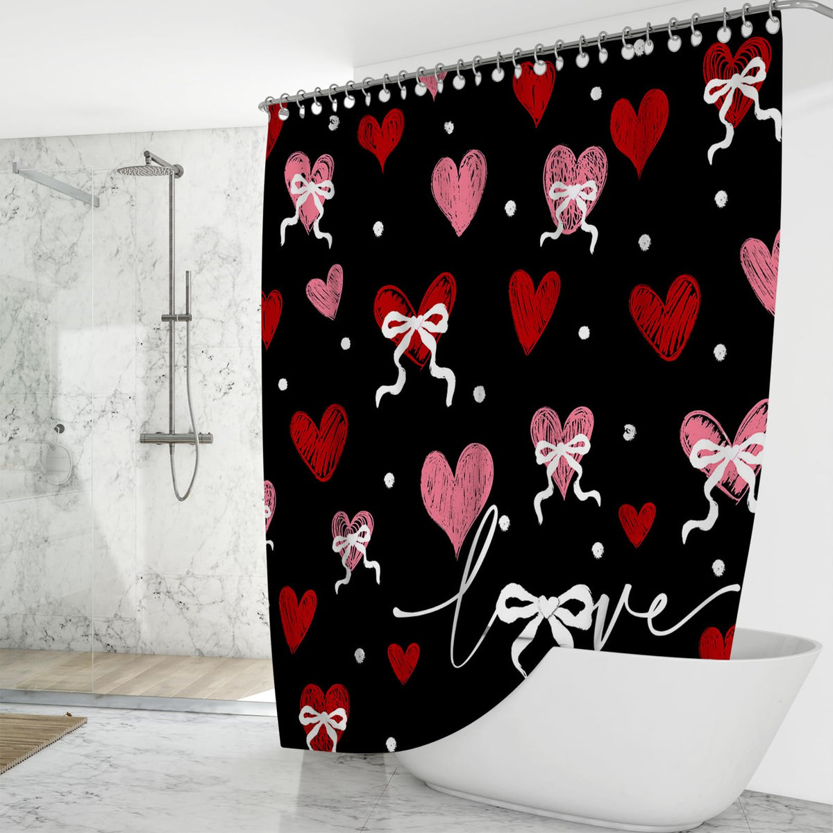 70.8" Valentines Shower Curtain Black Vintage Heart Watercolor Bathroom Decor Retro Valentine Shower Curtain