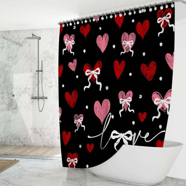 70.8" Valentines Shower Curtain Black Vintage Heart Watercolor Bathroom Decor Retro Valentine Shower Curtain