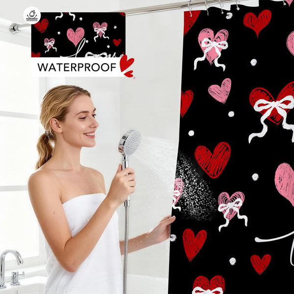 70.8" Valentines Shower Curtain Black Vintage Heart Watercolor Bathroom Decor Retro Valentine Shower Curtain