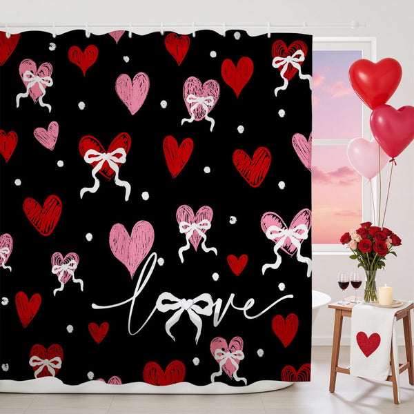 70.8" Valentines Shower Curtain Black Vintage Heart Watercolor Bathroom Decor Retro Valentine Shower Curtain