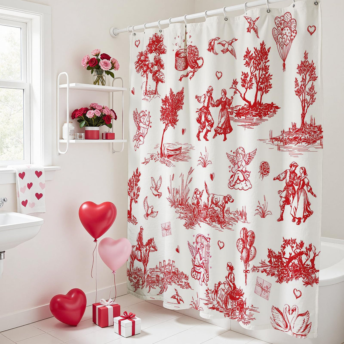 Valentines Shower Curtain Vintage, 70.8"Love Theme Valentines Gift for Bathtub Romantic Bathroom Decor