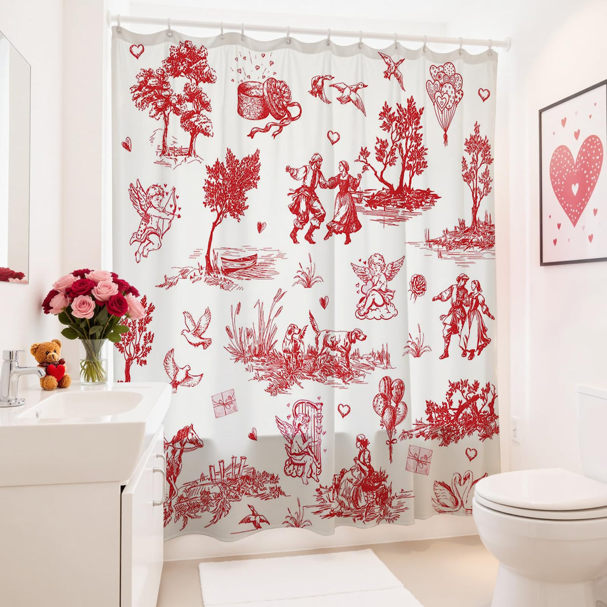 Valentines Shower Curtain Vintage, 70.8"Love Theme Valentines Gift for Bathtub Romantic Bathroom Decor