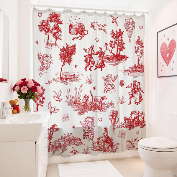 Valentines Shower Curtain Vintage, 70.8"Love Theme Valentines Gift for Bathtub Romantic Bathroom Decor