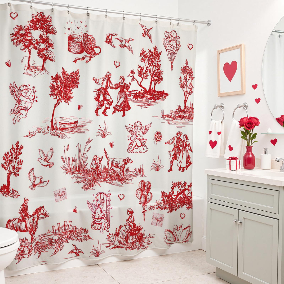 Valentines Shower Curtain Vintage, 70.8"Love Theme Valentines Gift for Bathtub Romantic Bathroom Decor