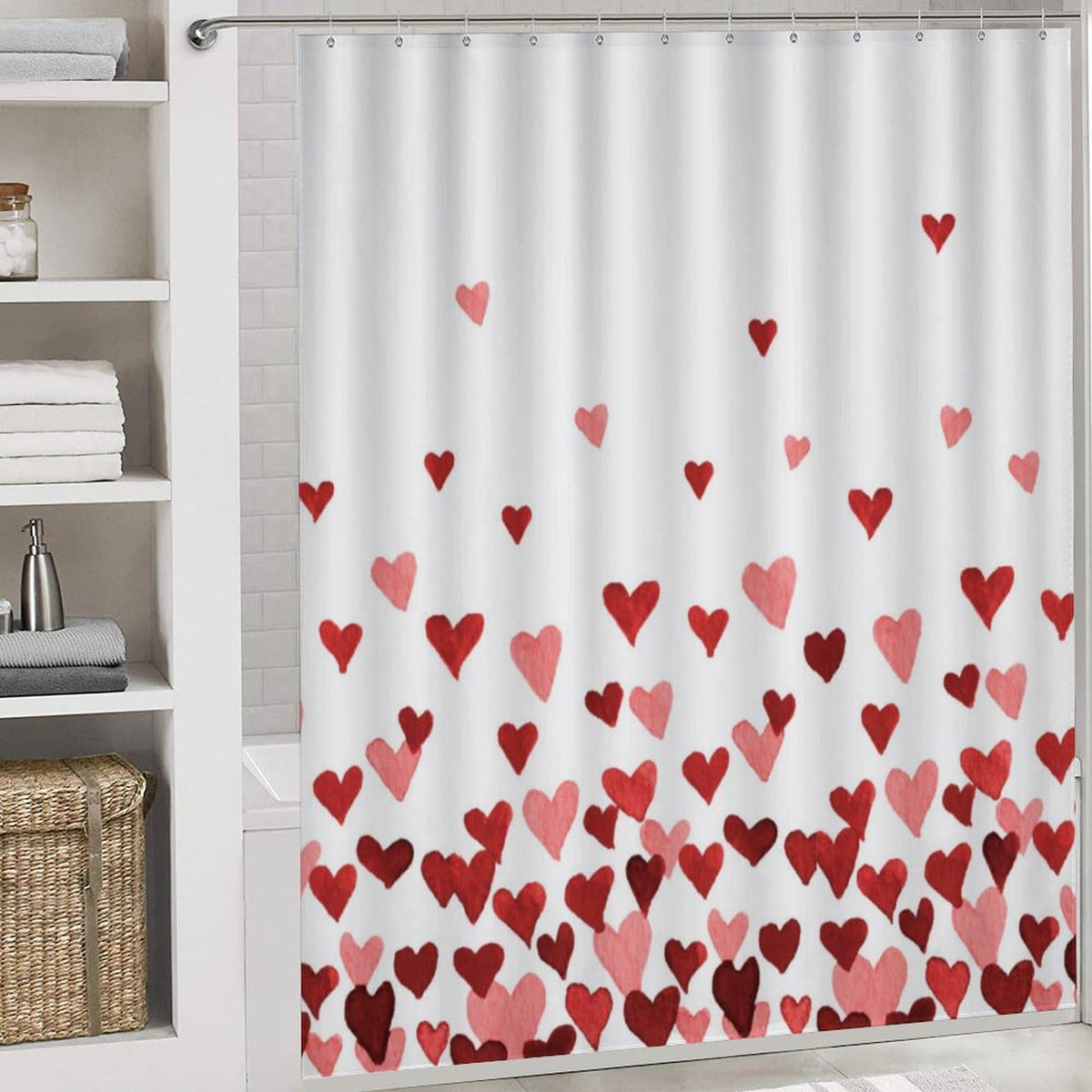 70.8"x70.8" Valentines Shower Curtain Watercolor Red Heart Waterproof Polyester Fabric Bathroom Decorations