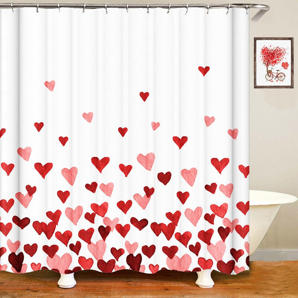 70.8"x70.8" Valentines Shower Curtain Watercolor Red Heart Waterproof Polyester Fabric Bathroom Decorations