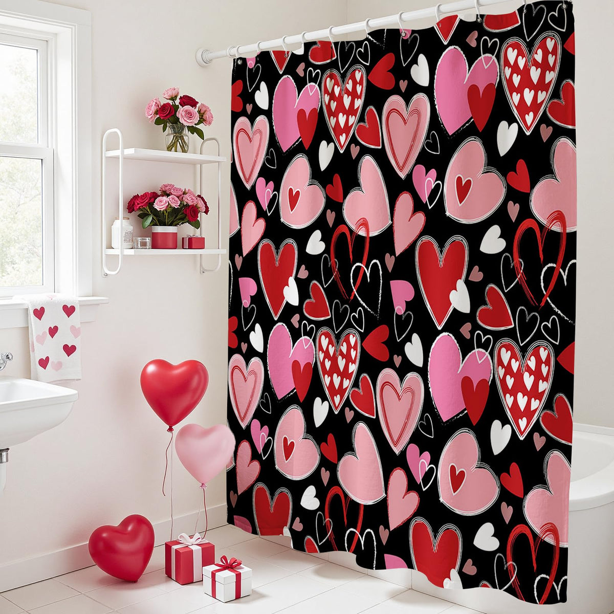 70.8"Valentines Shower Curtain Y2K Sweet Heart Valentines Shower Curtain Set Romantic Valentines Gift