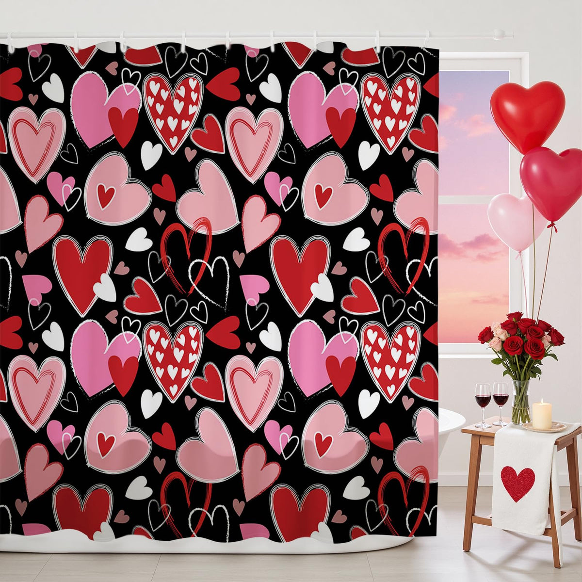 70.8"Valentines Shower Curtain Y2K Sweet Heart Valentines Shower Curtain Set Romantic Valentines Gift