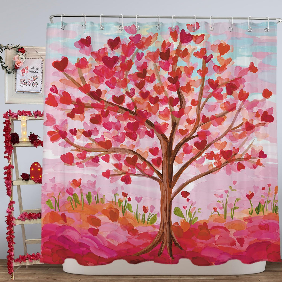 Valentines Shower Curtain, 70.8"x70.8" Heart Valentine Tree Shower Curtain with Hooks for Bathroom