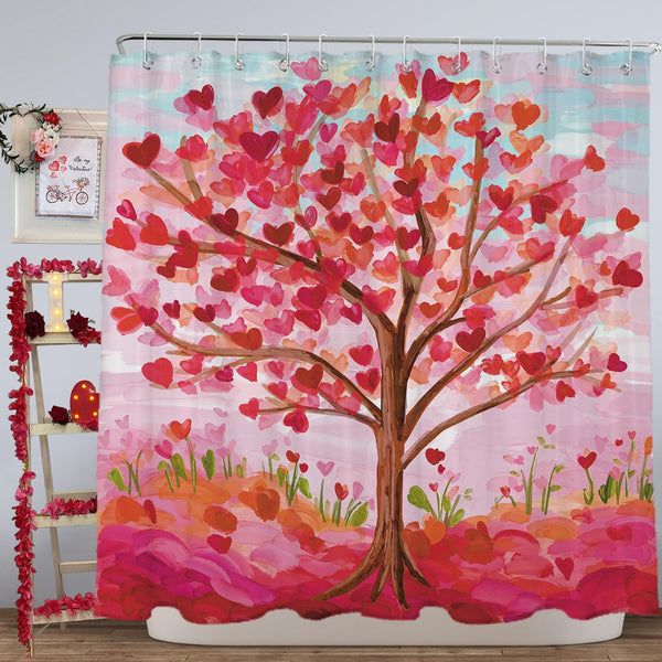 Valentines Shower Curtain, 70.8"x70.8" Heart Valentine Tree Shower Curtain with Hooks for Bathroom