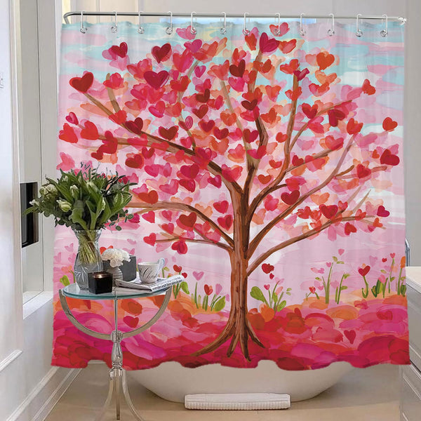 Valentines Shower Curtain, 70.8"x70.8" Heart Valentine Tree Shower Curtain with Hooks for Bathroom