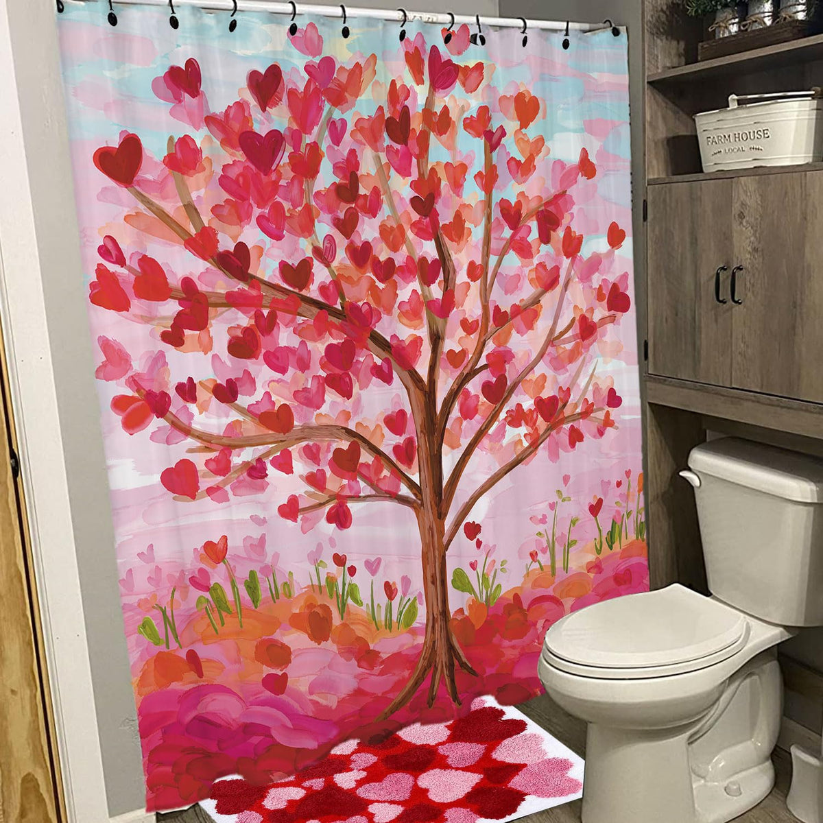 Valentines Shower Curtain, 70.8"x70.8" Heart Valentine Tree Shower Curtain with Hooks for Bathroom
