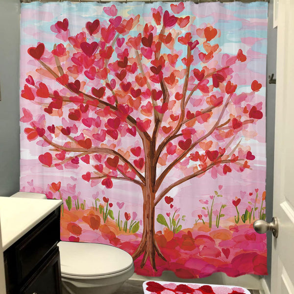 Valentines Shower Curtain, 70.8"x70.8" Heart Valentine Tree Shower Curtain with Hooks for Bathroom