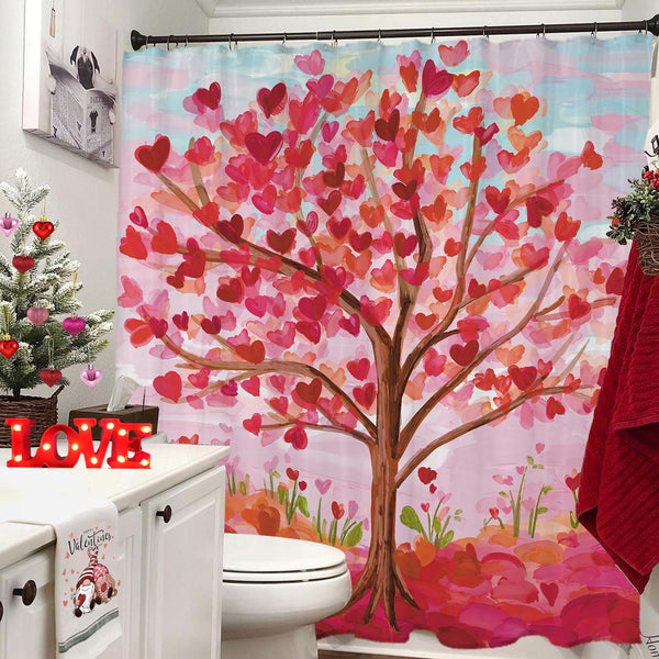 Valentines Shower Curtain, 70.8"x70.8" Heart Valentine Tree Shower Curtain with Hooks for Bathroom