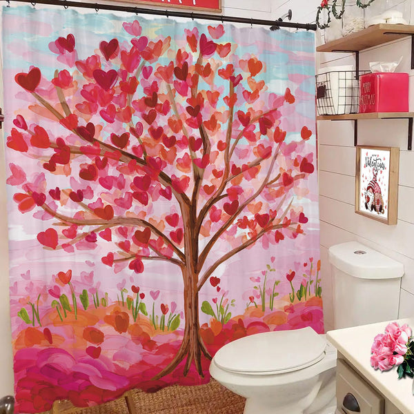 Valentines Shower Curtain, 70.8"x70.8" Heart Valentine Tree Shower Curtain with Hooks for Bathroom