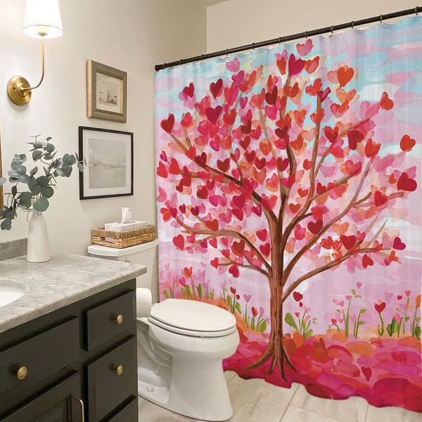 Valentines Shower Curtain, 70.8"x70.8" Heart Valentine Tree Shower Curtain with Hooks for Bathroom