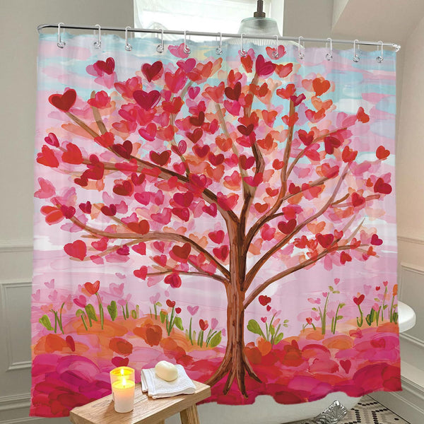 Valentines Shower Curtain, 70.8"x70.8" Heart Valentine Tree Shower Curtain with Hooks for Bathroom
