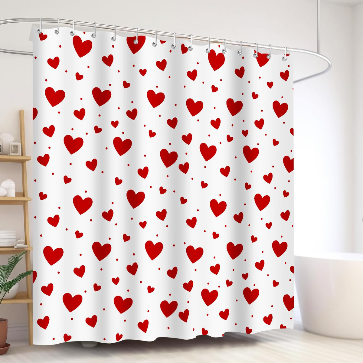 Valentines Shower Curtain, 70.8" Heart Shower Curtain Valentines Shower Curtains with White Heart Design