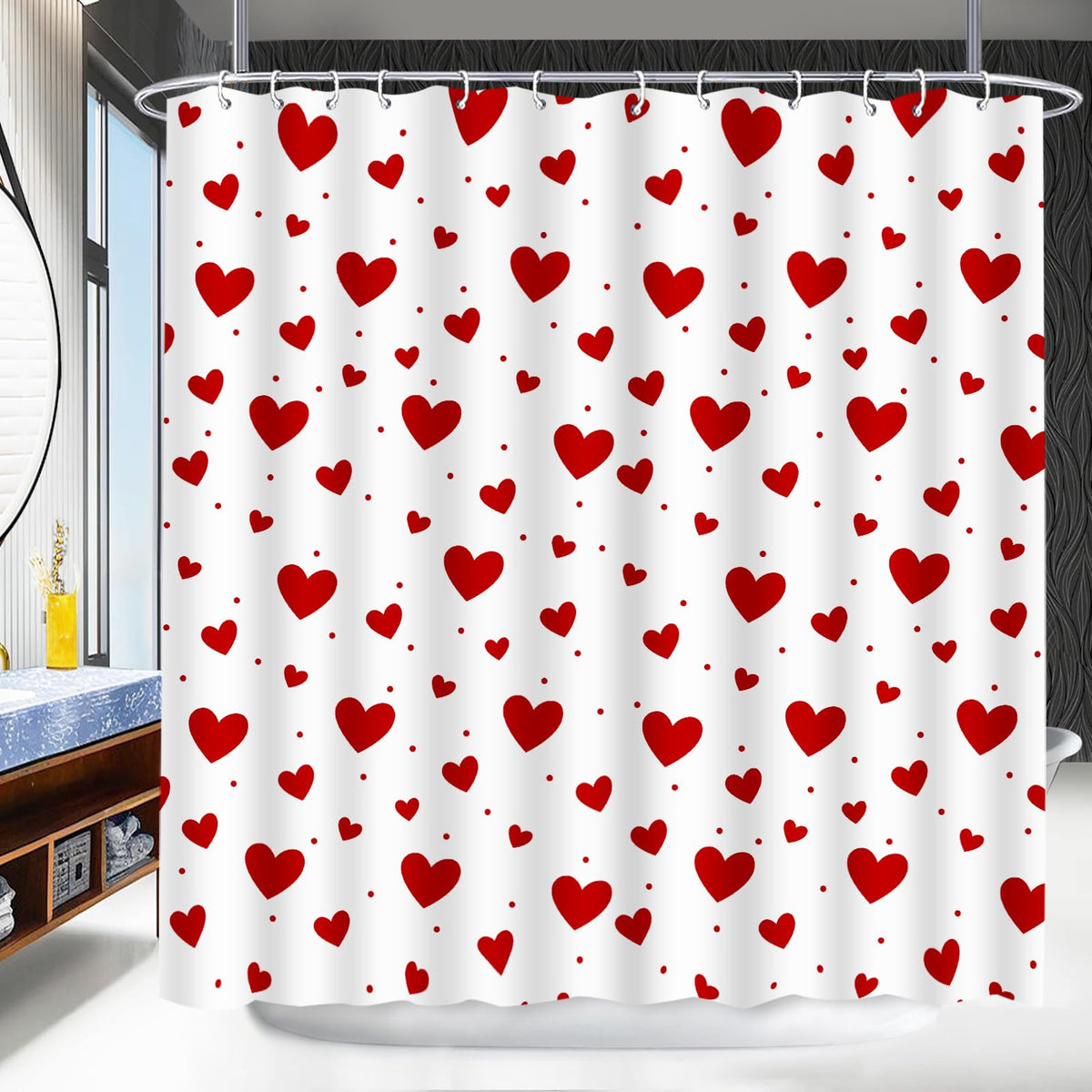 Valentines Shower Curtain, 70.8" Heart Shower Curtain Valentines Shower Curtains with White Heart Design