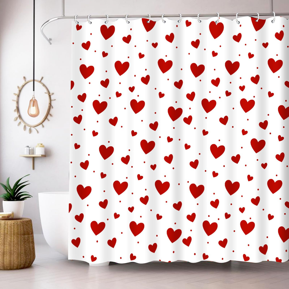 Valentines Shower Curtain, 70.8" Heart Shower Curtain Valentines Shower Curtains with White Heart Design