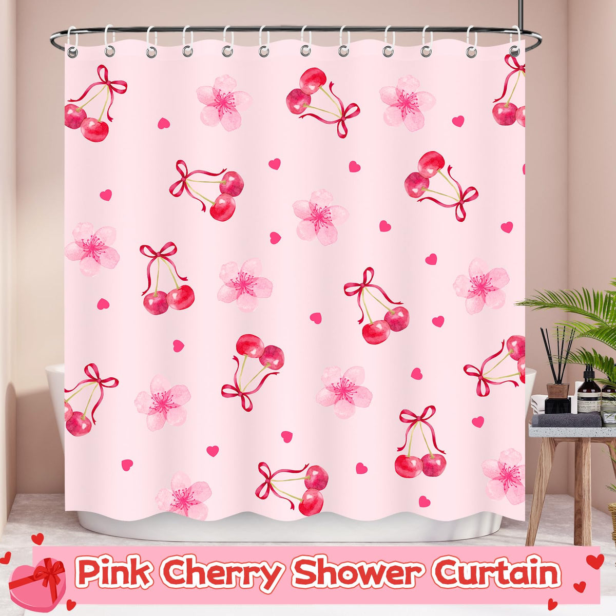70.8"Valentines Shower Curtain, Pink Cherry Bow Shower Curtain with Floral Heart Cute Washable
