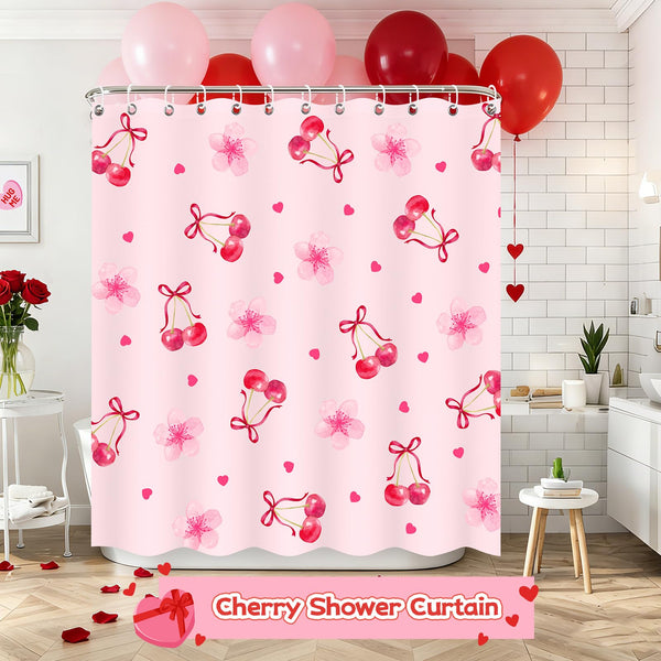 70.8"Valentines Shower Curtain, Pink Cherry Bow Shower Curtain with Floral Heart Cute Washable
