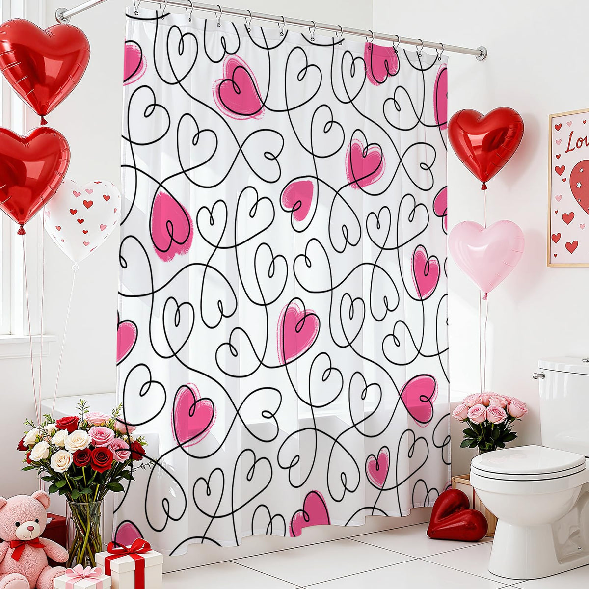 70.8"x70.8" Valentines Shower Curtain,Pink Heart Valentine Days Bath Curtain for Valentines Bathroom Decor