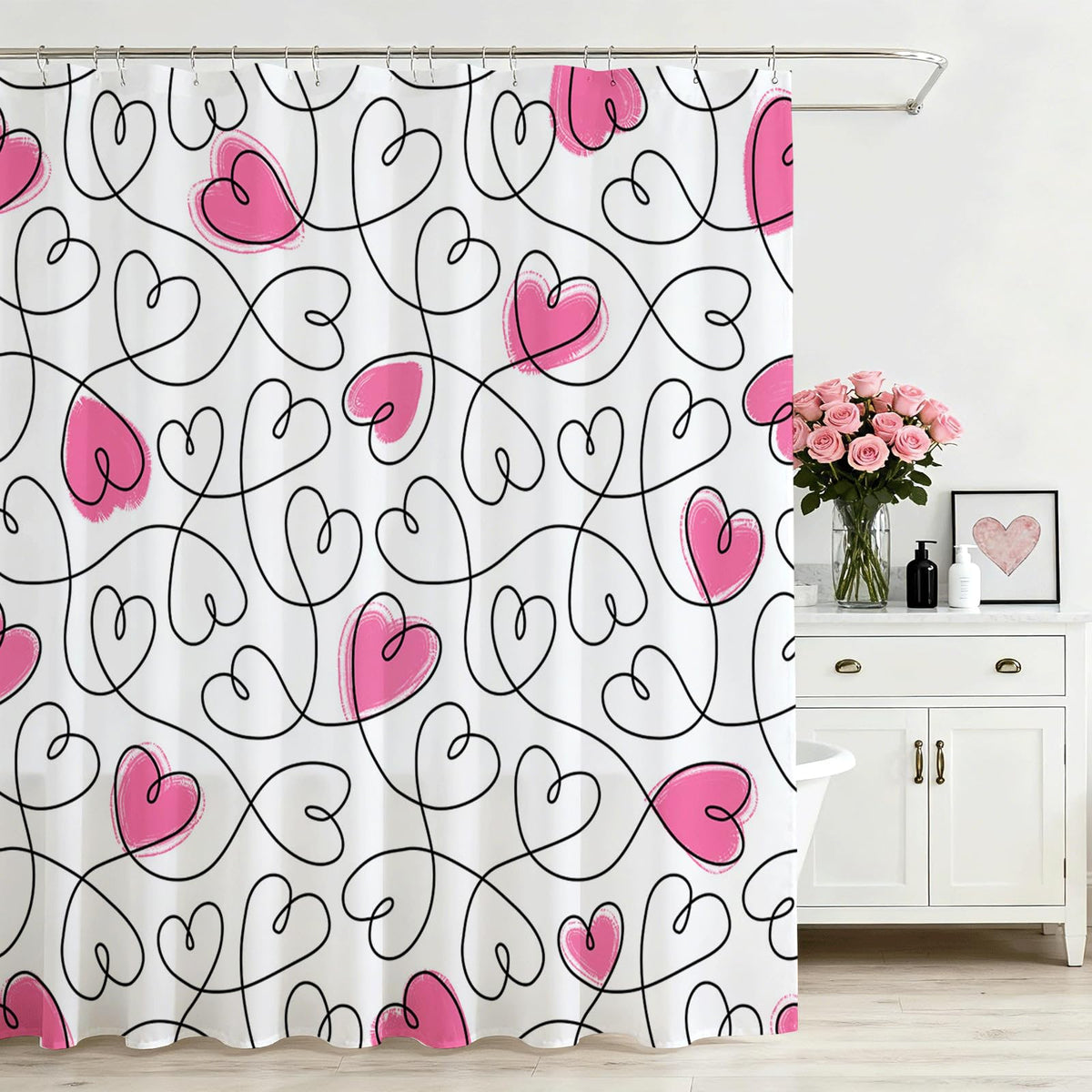 70.8"x70.8" Valentines Shower Curtain,Pink Heart Valentine Days Bath Curtain for Valentines Bathroom Decor