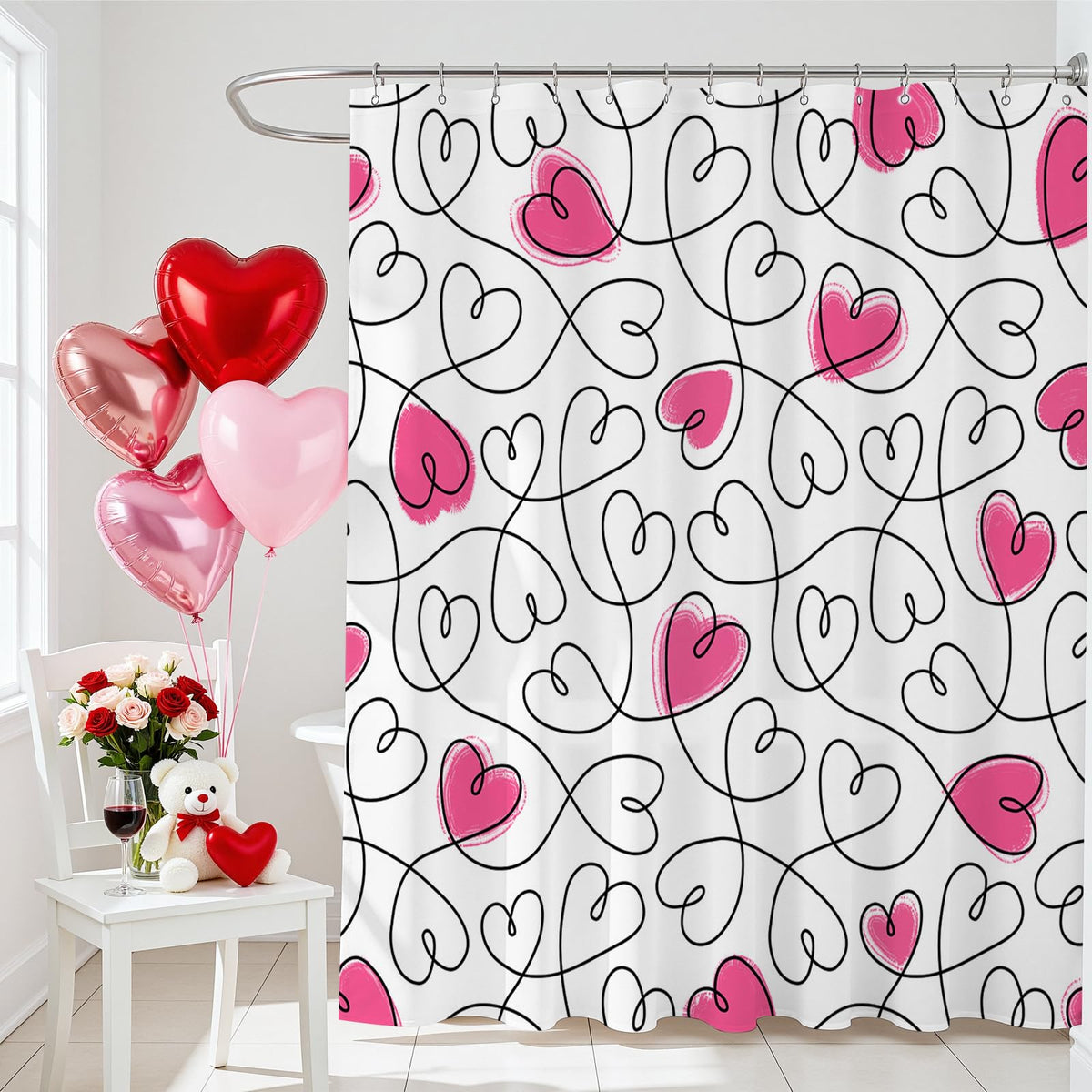 70.8"x70.8" Valentines Shower Curtain,Pink Heart Valentine Days Bath Curtain for Valentines Bathroom Decor