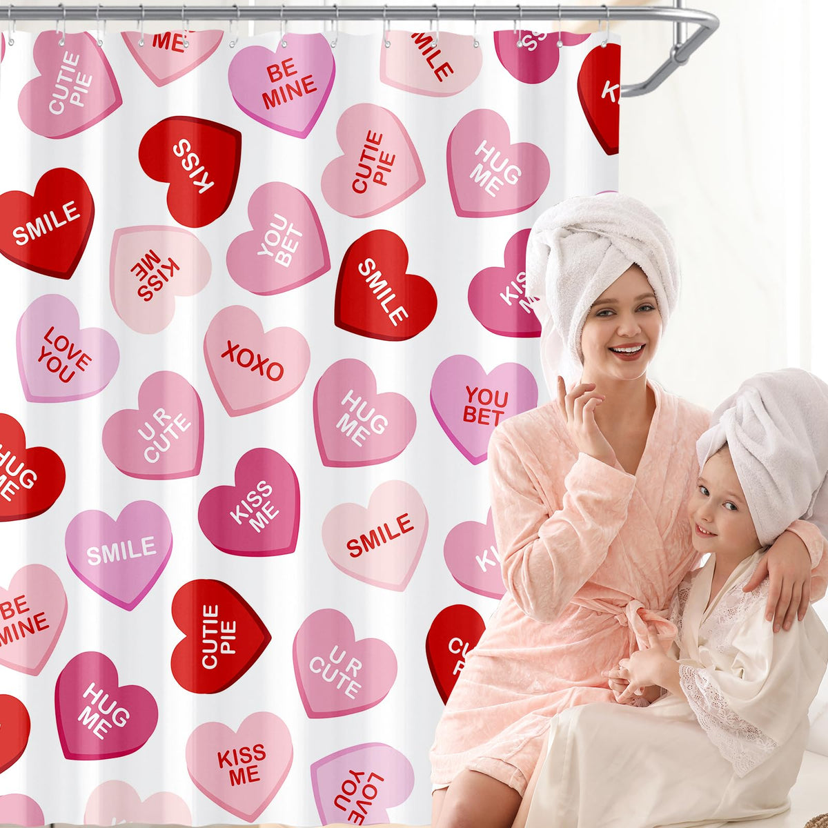 Valentines Shower Curtain, 70.8"Pink Heart Shower Curtain, Waterproof Fabric Curtains with Hooks