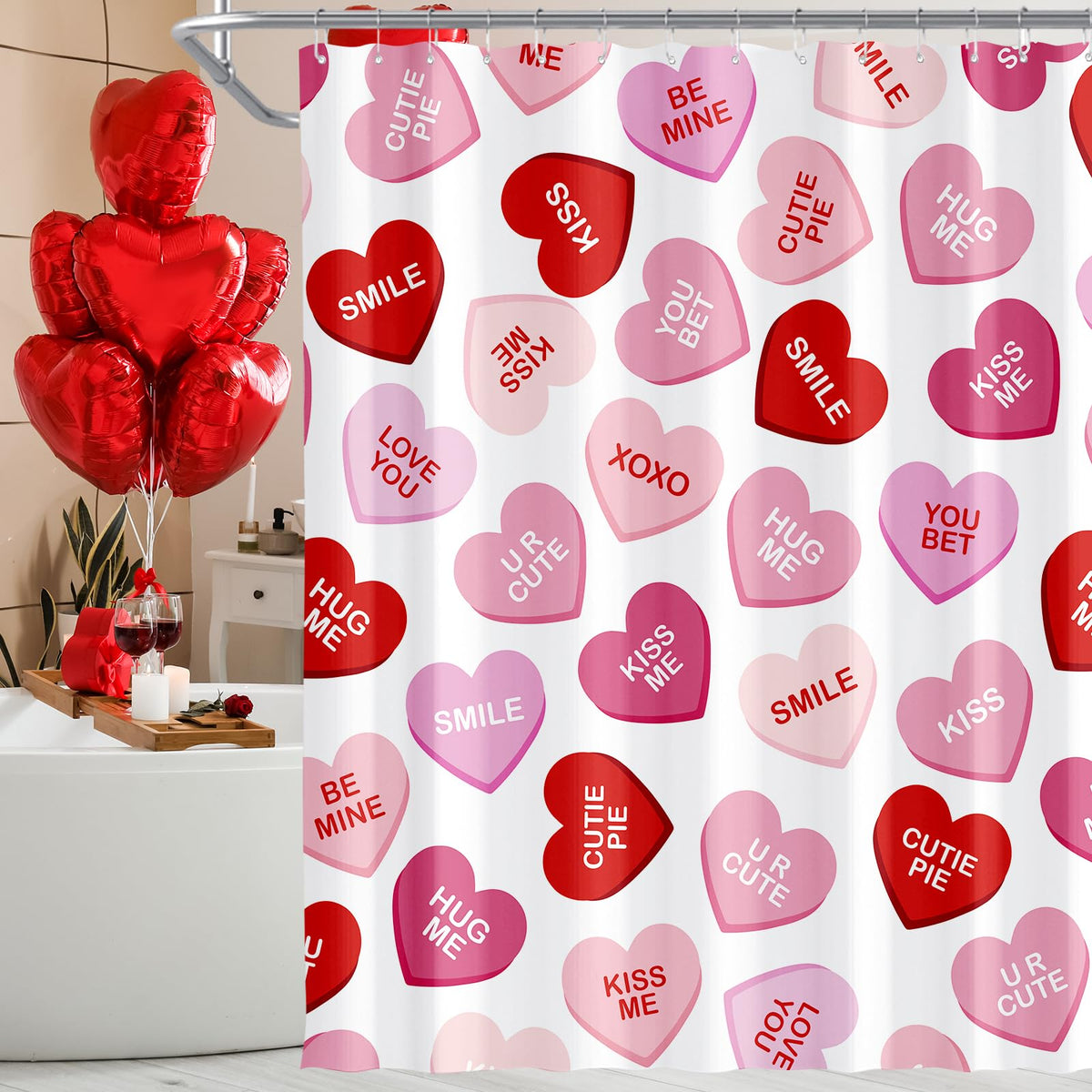Valentines Shower Curtain, 70.8"Pink Heart Shower Curtain, Waterproof Fabric Curtains with Hooks