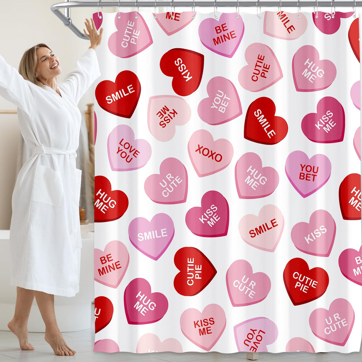 Valentines Shower Curtain, 70.8"Pink Heart Shower Curtain, Waterproof Fabric Curtains with Hooks