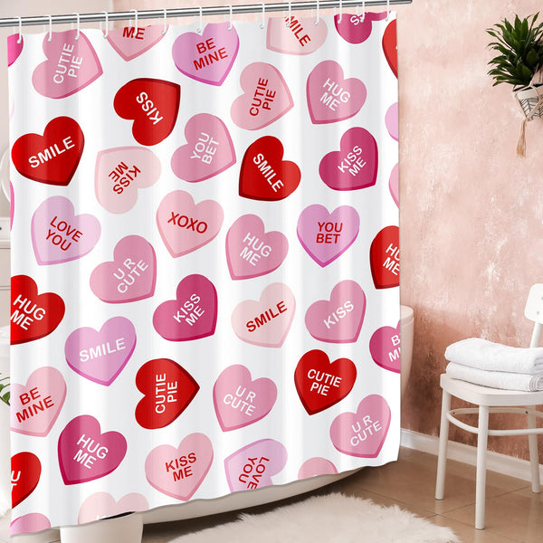 Valentines Shower Curtain, 70.8"Pink Heart Shower Curtain, Waterproof Fabric Curtains with Hooks