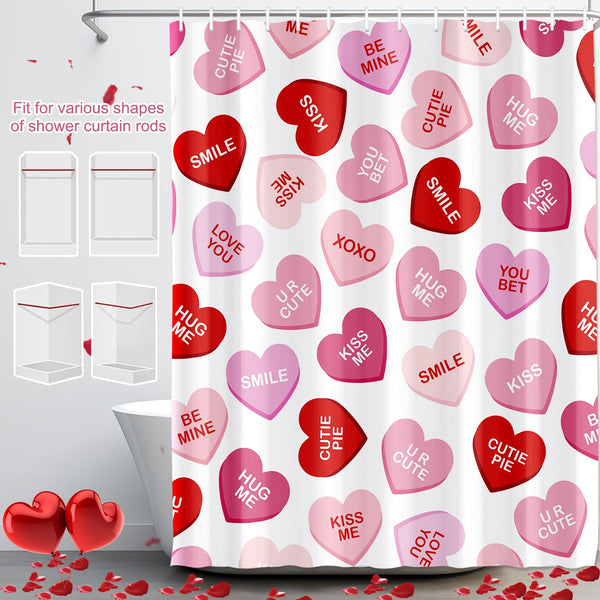 Valentines Shower Curtain, 70.8"Pink Heart Shower Curtain, Waterproof Fabric Curtains with Hooks