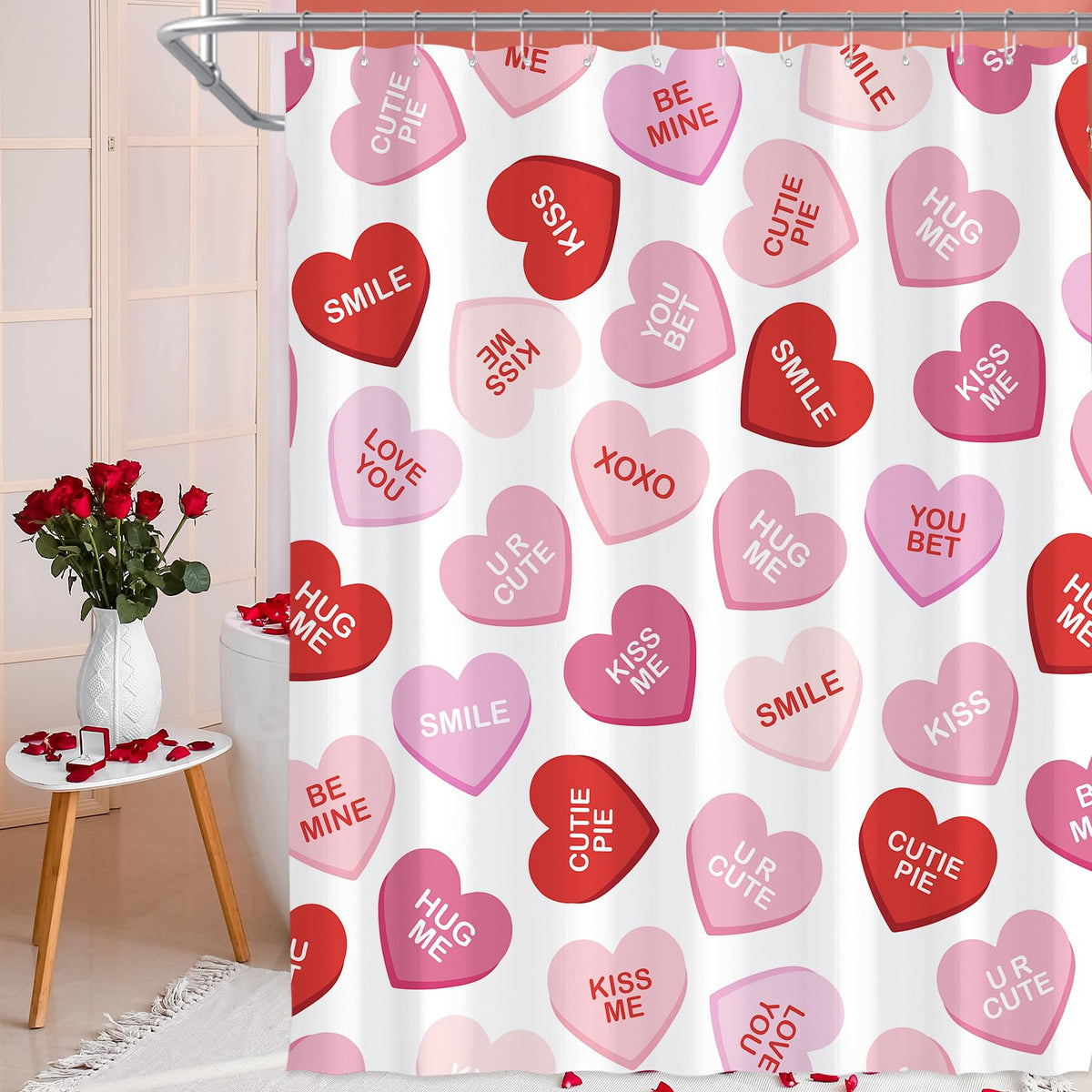 Valentines Shower Curtain, 70.8"Pink Heart Shower Curtain, Waterproof Fabric Curtains with Hooks