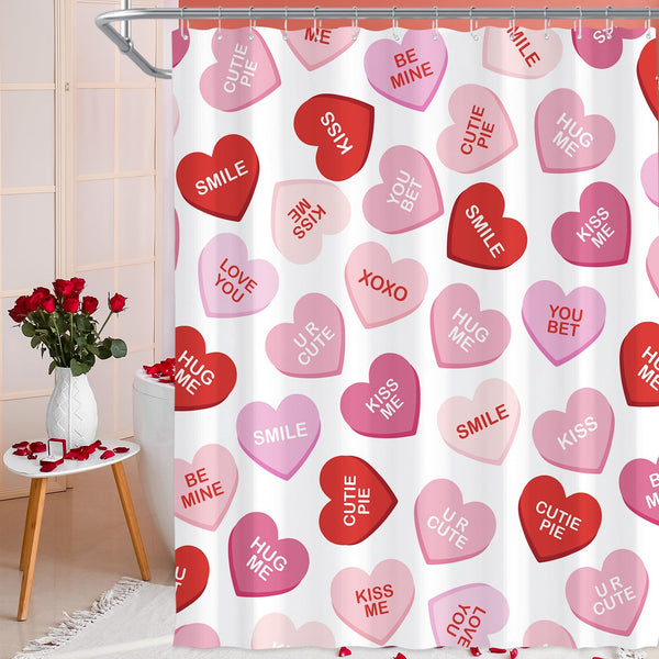 Valentines Shower Curtain, 70.8"Pink Heart Shower Curtain, Waterproof Fabric Curtains with Hooks