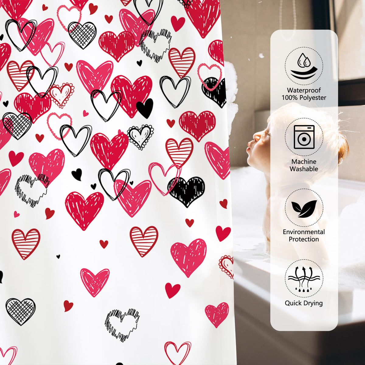 Valentines Shower Curtain, 70.8"Red Pink Black Doodle Style Love Hearts Shower Curtain for Valentine's Day