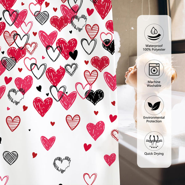 Valentines Shower Curtain, 70.8"Red Pink Black Doodle Style Love Hearts Shower Curtain for Valentine's Day
