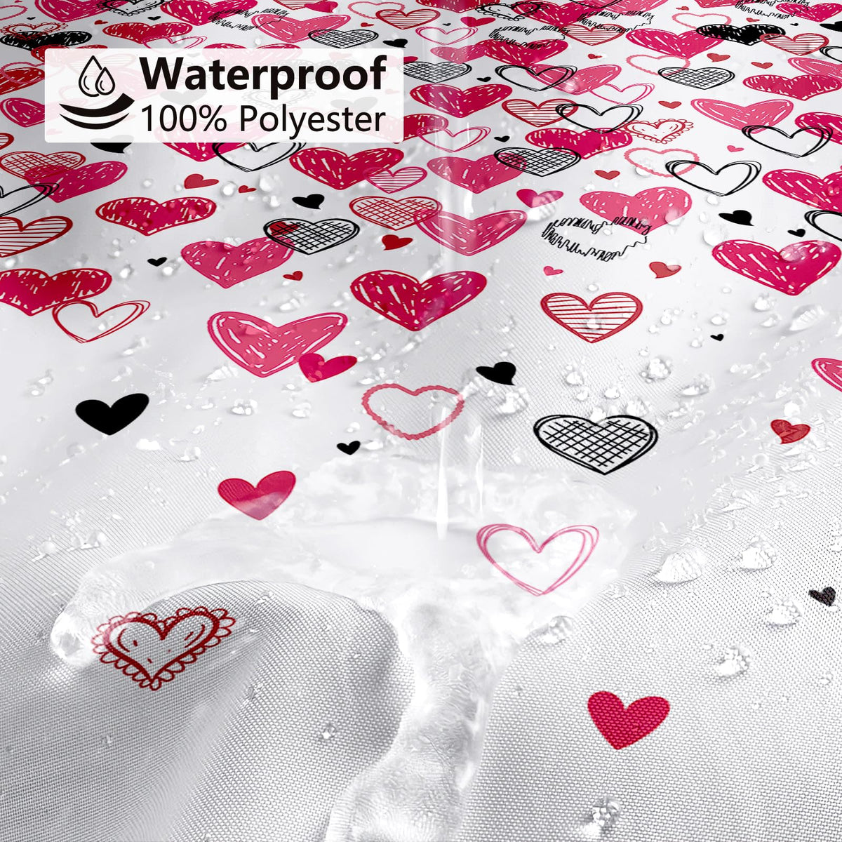Valentines Shower Curtain, 70.8"Red Pink Black Doodle Style Love Hearts Shower Curtain for Valentine's Day