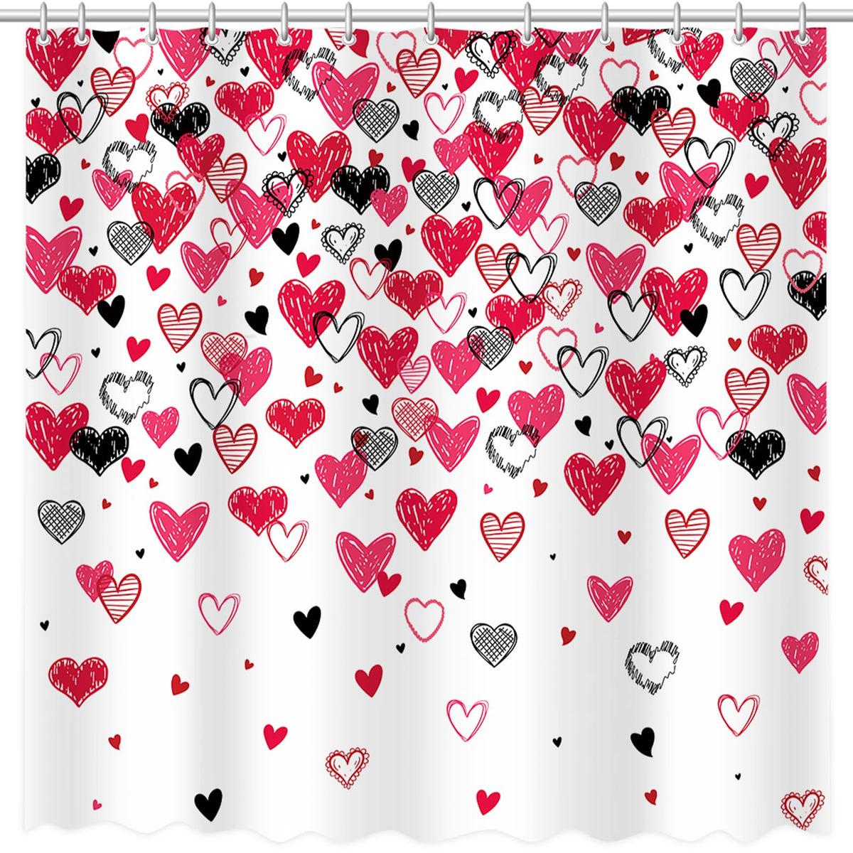 Valentines Shower Curtain, 70.8"Red Pink Black Doodle Style Love Hearts Shower Curtain for Valentine's Day