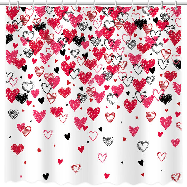 Valentines Shower Curtain, 70.8"Red Pink Black Doodle Style Love Hearts Shower Curtain for Valentine's Day
