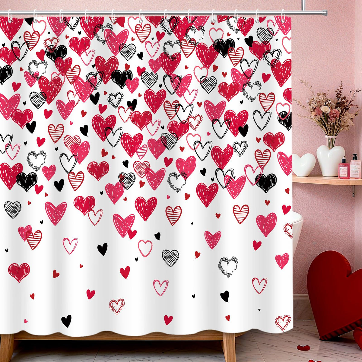 Valentines Shower Curtain, 70.8"Red Pink Black Doodle Style Love Hearts Shower Curtain for Valentine's Day