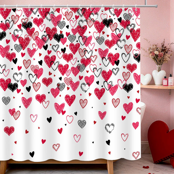 Valentines Shower Curtain, 70.8"Red Pink Black Doodle Style Love Hearts Shower Curtain for Valentine's Day