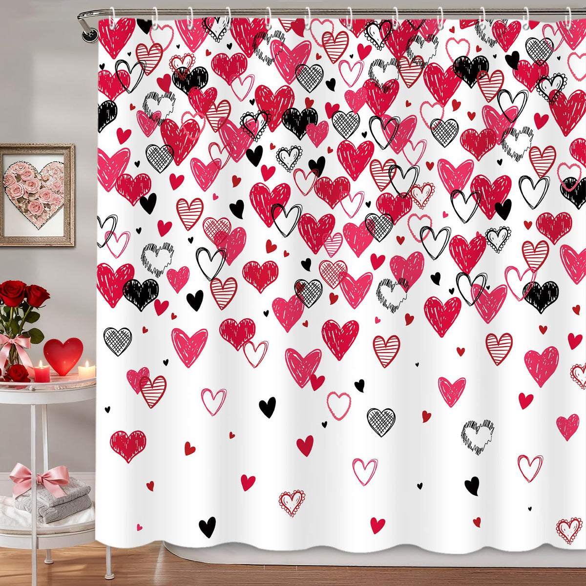 Valentines Shower Curtain, 70.8"Red Pink Black Doodle Style Love Hearts Shower Curtain for Valentine's Day