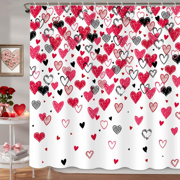 Valentines Shower Curtain, 70.8"Red Pink Black Doodle Style Love Hearts Shower Curtain for Valentine's Day